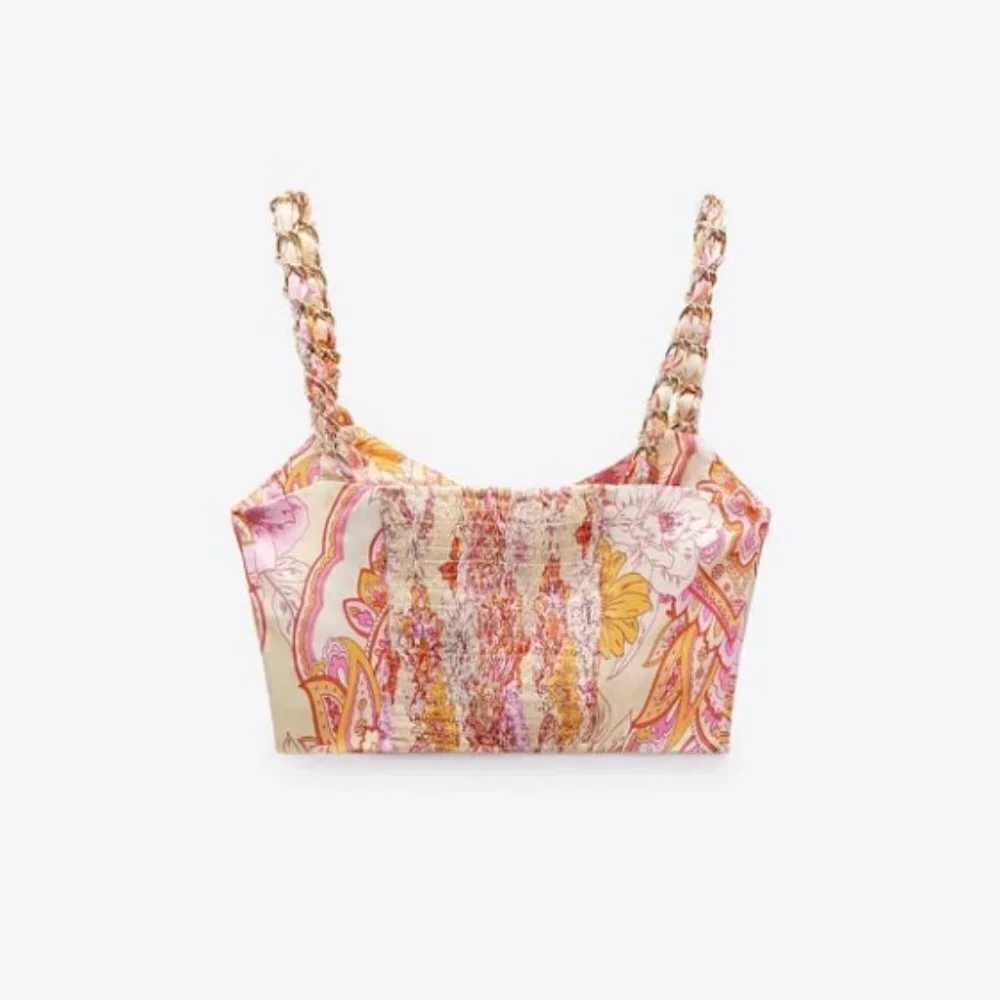 NWOT Zara pink champagne floral printed crop top with chain detail, S - Picture 4 of 10